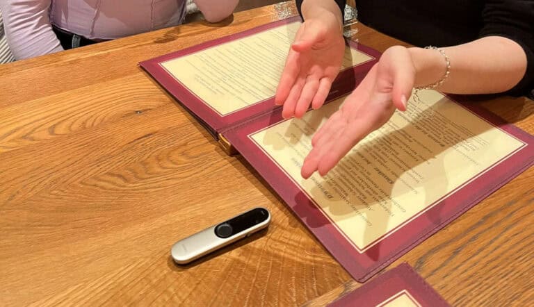 Schwerhörige Person erklärt Gebärdensprache bei einem Gespräch mit einem Dolmetscher.