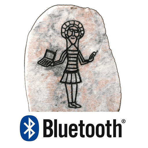 Bluetooth-Logo auf Stein mit Zeichnung eines Mädchens, das ein Smartphone hält.