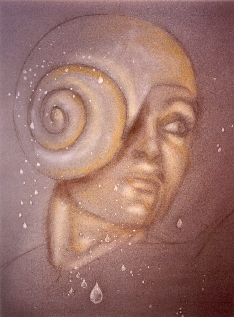 Schneckenfrau mit spiralförmigem Kopf und tränenförmigen Details, symbolisiert Transformation und Em.