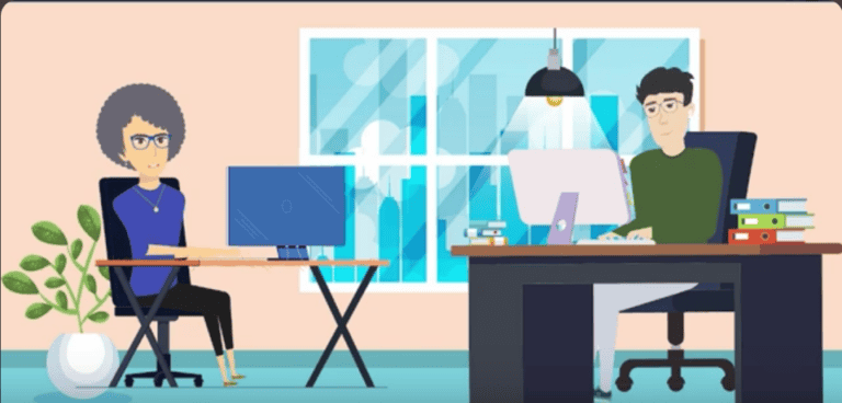 Hörgeräte im Einsatz: Frau und Mann in einem Büro mit Höranlagen und moderner Technik.