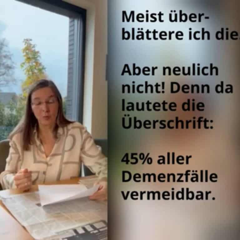Frau liest Papier vor, Thema Demenz und Prävention, Innenaufnahme, Tageslicht.