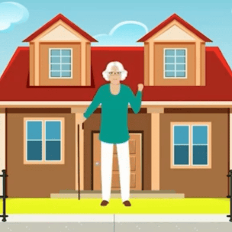 Ältere Frau vor einem Haus, symbolisiert barrierefreie Teilhabe für Schwerhörige.