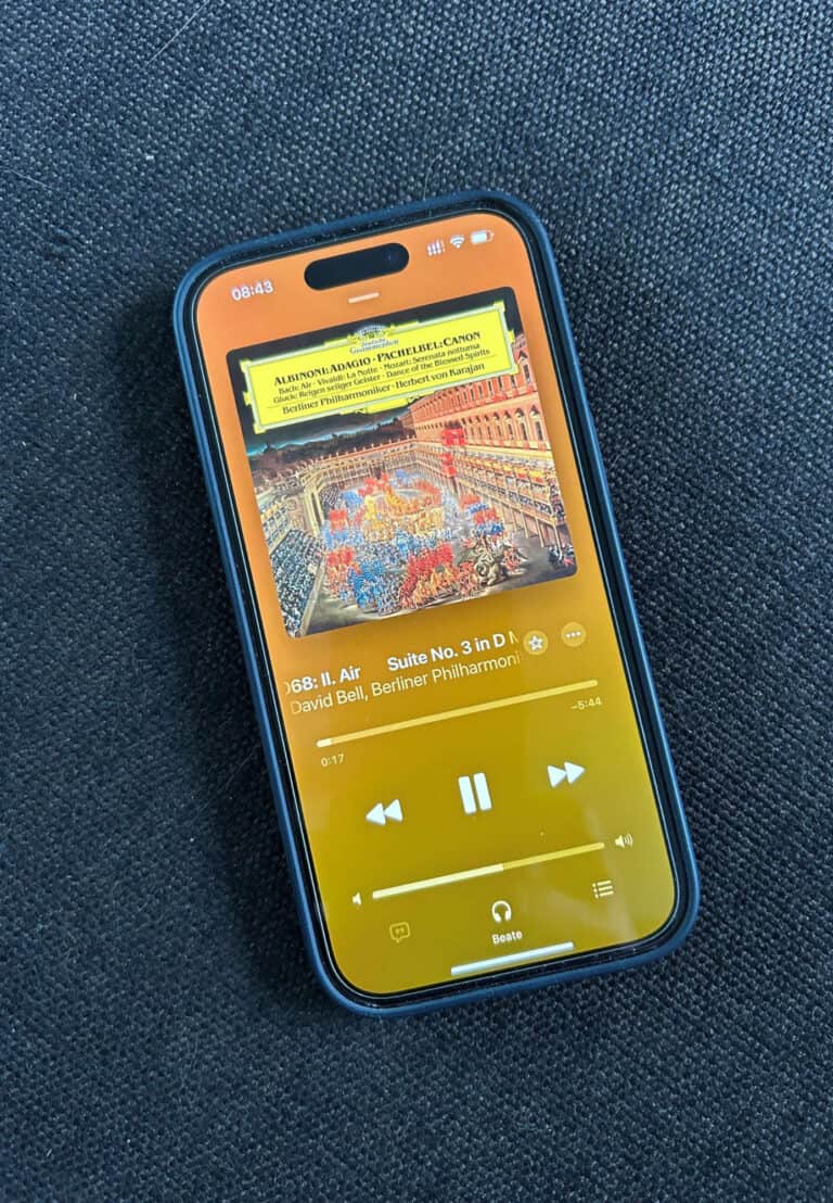 Mikrofon- und Textübersetzung auf einem Smartphone während eines Konzerts.