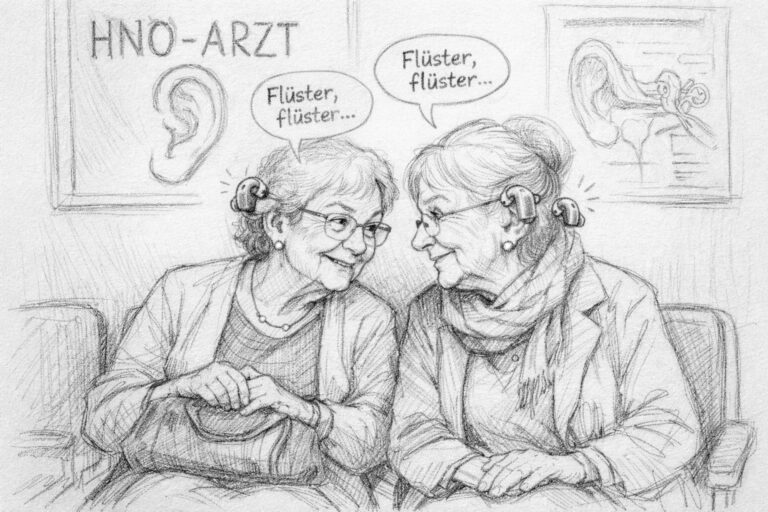 HNO-Arzt und schwerhörige Patientin im Gespräch, beide mit Hörgeräten, in einer Arztpraxis.