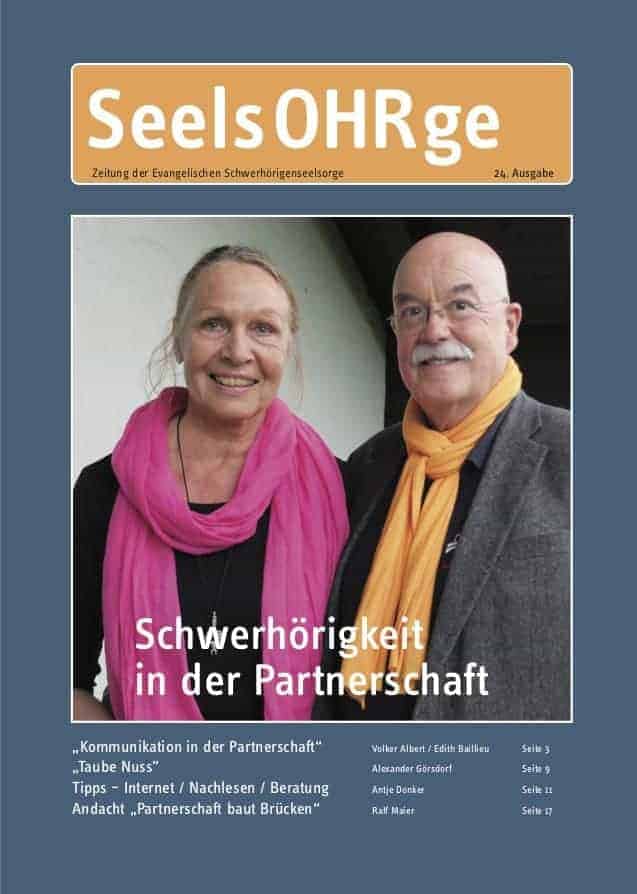 Evangelische Schwerhörigenseelsorge Zeitschrift SeelsOHRge, Ausgabe 24, mit zwei Menschen im Gespräc.