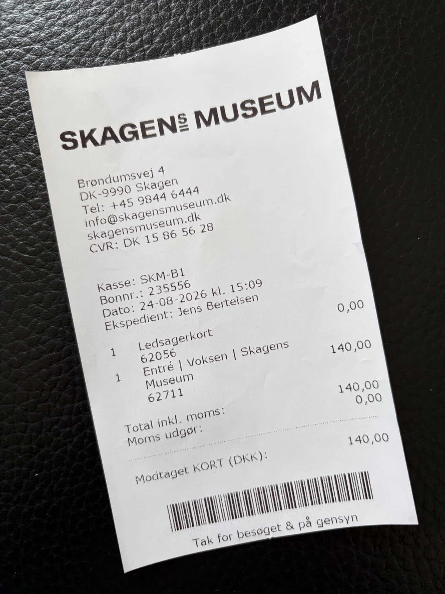 Kassenbon vom Skagens Museum in Dänemark mit Einkaufssumme von 140 Euro.